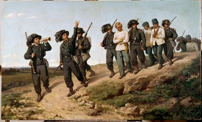 Odcinek kampanii włoskiej w 1859 r.: „”Austriaccy jeńcy wojenni otoczeni bersaglierami (bersaglieri)”” Obraz Silvestro Lega (1826-1895) 1861 nd. 57,5 x 95 cm Florencja, Galleria d