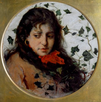 Ivy (Edera) Portret młodej kobiety, ma melancholijny wyraz twarzy, twarz otoczona liśćmi bluszczu - (Ivy) Malarstwo autorstwa Silvestro Lega (1826-1895) Genes, Galleria d