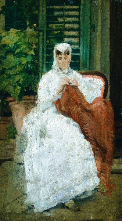 Szycie damskie, Silvestro Lega (1826-1895), Olej na desce, 27,5x15,5 cm autorstwa Silvestro Lega