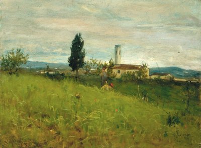 Mały kościółek na wsi, ok. 1877 (olej na płycie) autorstwa Silvestro Lega