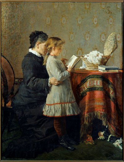 Lekcja czytania. Pielęgniarka uczy się czytać małej dziewczynce. Obraz Silvestro Lega (1826-1895) Ec. Włochy autorstwa Silvestro Lega