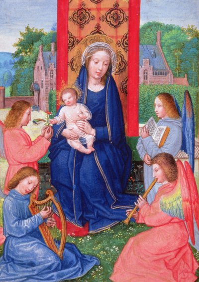 Np. 2125 f.157v Madonna z Dzieciątkiem z aniołami grającymi na instrumentach, z Godzin Joanny z Ghistelles, ok. 1516 (welum) autorstwa Simon (attr. to) Bening