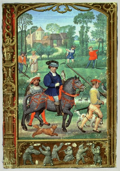 Dodaj 24098 f.24v Lipiec: Sokolnictwo, sianokosy i pogoń za motylami, z Book of Hours lub Golf Book, c.1520-30 (welum) autorstwa Simon (workshop of) Bening