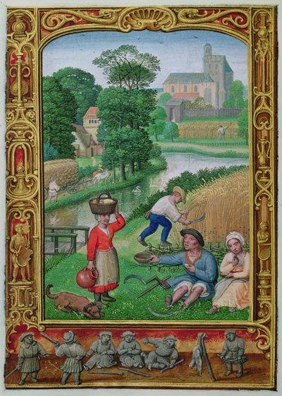 Dodaj 24098 f.25v sierpień: Zbiór w pobliżu rzeki, z Book of Hours lub Golf Book, c.1520-30 (welum) autorstwa Simon (workshop of) Bening