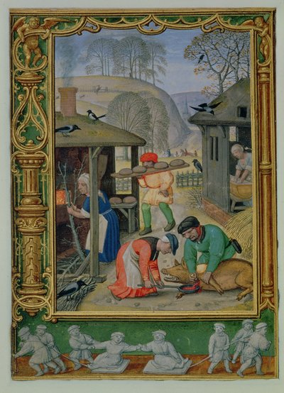 Dodaj 24098 f.29v grudzień: Przygotowanie jedzenia na zimę, pieczenie chleba i zabijanie świni, z Book of Hours lub Golf Book, c.1520-30 (welum) autorstwa Simon (workshop of) Bening