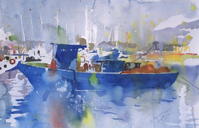 Niebieska łódź La spezia, Włochy, 2002 (akwarela) autorstwa Simon Fletcher