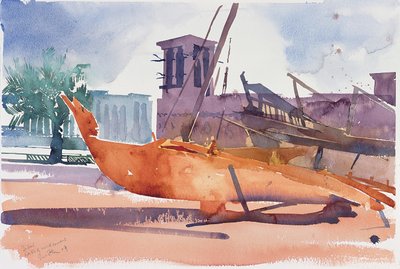 Dubaj, łodzie i wieże wiatrowe, 2004 (akwarela na papierze) autorstwa Simon Fletcher