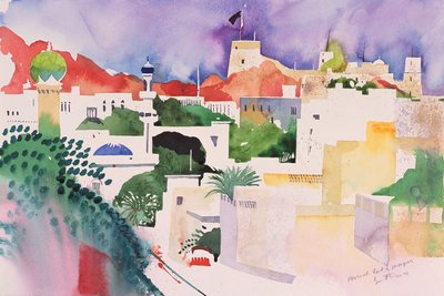 Muscat Fort and Mosques, 2004 (akwarela na papierze) autorstwa Simon Fletcher