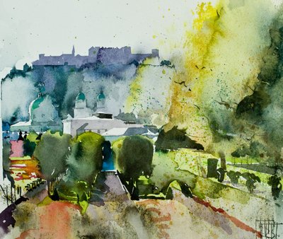 Salzburg z ogrodów Mirabell, 2008 (akwarela) autorstwa Simon Fletcher