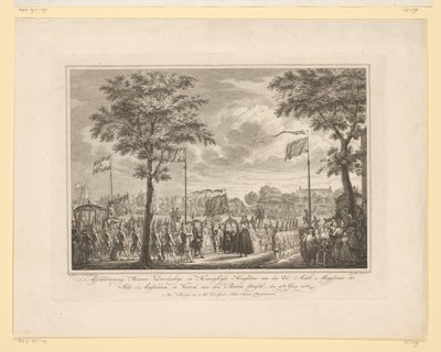 Pożegnanie Willema V i jego żony na Buiten Amstel, 1768 Pożegnanie Ich Pogodnych i Królewskich Wysokości z den Ed: Achtb: Sędzia Miasta Amsteldam i Wyjazd z den Buiten Amstel, 4 czerwca 1768 (tytuł na obiekcie) Obraz autorstwa Simon Fokke