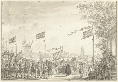 Pożegnanie Willema V i jego żony na Buitenamstel, 1768 autorstwa Simon Fokke