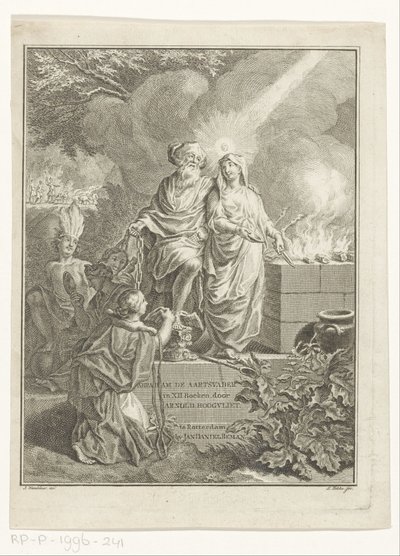 Alegoryczna karta tytułowa z Patriarchą Abrahamem i Prawdą Strona tytułowa dla: Arnold Hoogvliet, Abraham patriarcha, w XII Boeken, s.a. autorstwa Simon Fokke