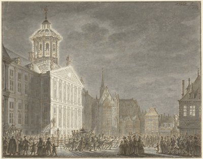 Iluminacja ratusza dla Wilhelma V i Wilhelminy Pruski, 1768 autorstwa Simon Fokke