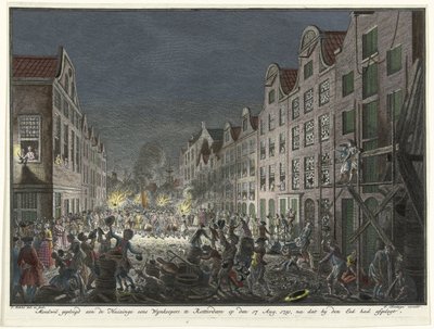 Splądrowanie domu kupca wina Gerrita Hagedoorena w Rotterdamie, 1751 Willful zobowiąże się do Huizinge Once Wynkoopers w Rotterdamie 17 sierpnia. 1751, po złożeniu przysięgi (tytuł na przedmiocie) autorstwa Simon Fokke