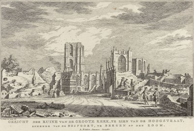 Ruiny Wielkiego Kościoła Bergen op Zoom, 1748 Widok na ruiny Groote Kerk od strony Hoogstraat od strony Bospoort, w Bergen op den Zoom (tytuł na obiekcie) Dziesięć twarzy ruin po oblężeniu i zniszczeniu Bergen op Z autorstwa Simon Fokke