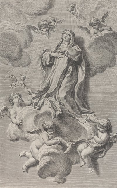 Ekstaza św. Katarzyny ze Sieny, klęczącej na obłoku niesionym przez anioły, jedna z…, 1729-40. autorstwa Simon Francois Ravenet