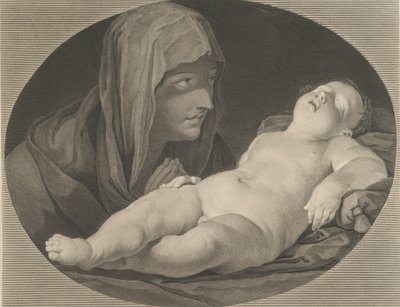 Modląca się Dziewica, patrząca na śpiącego Niemowlaka, w owalnej ramie, według Reni,..., 1765. autorstwa Simon Francois Ravenet