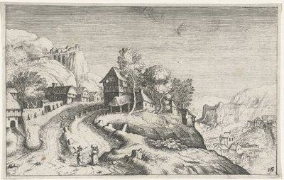 Wioska w górskim krajobrazie Różne krajobrazy (tytuł serii) Topographia variarum regionum (tytuł serii) autorstwa Simon Frisius (attributed to)