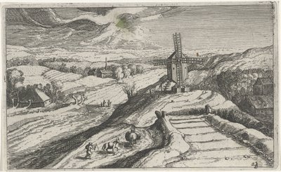 Pagórkowaty krajobraz z wiatrakiem Różne krajobrazy (tytuł serii) Topographia variarum regionum (tytuł serii) autorstwa Simon Frisius (attributed to)