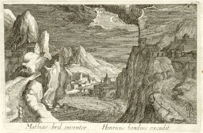 Krajobraz rzeki przy świetle księżyca Różne krajobrazy (tytuł serii) Topographia variarum regionum (tytuł serii) autorstwa Simon Frisius (attributed to)