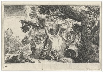 Boslandschap spotkał Hagar en Ismaël Krajobraz południowoeuropejski (tytuł serii) Topografia różnych regionów (tytuł serii) autorstwa Simon Frisius