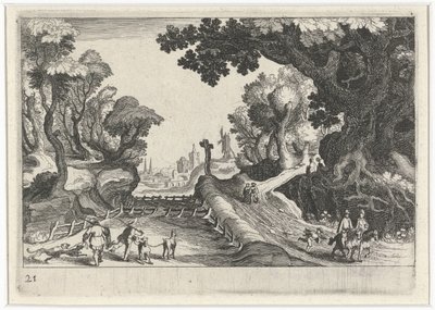 Krajobraz leśny z krzyżem wzdłuż ścieżki Krajobrazy Europy Południowej (tytuł serii) Topographia variarum regionum (tytuł serii) autorstwa Simon Frisius