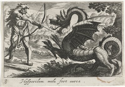 Herkules zabija smoka Ladon Hesperidum mala fert aurea (tytuł na obiekcie) Herkulesowe motywy (tytuł serii) autorstwa Simon Frisius
