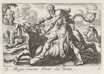 Herkules w walce z Acheloosem Wielki byk jest oswojony przez światło (tytuł na przedmiocie) Herculische tematu (tytuł serii) autorstwa Simon Frisius