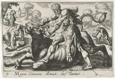Herkules w walce z Acheloosem Wielkiego byka oswaja w zapasach (tytuł na obiekcie) Herculische tematu (tytuł serii) autorstwa Simon Frisius