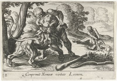 Herkules walczący z lwem nemejski Comprimit Nemeae virtute Leonem (tytuł na obiekcie) Herkulesowe motywy (tytuł serii) autorstwa Simon Frisius