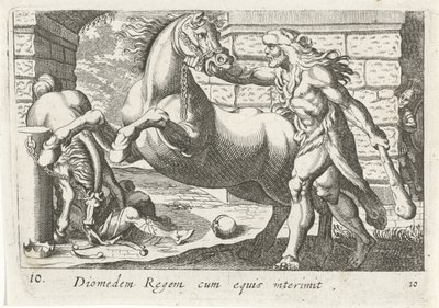Hercules temt de paarden van Diomedes Król Diomedes z końmi (tytuł na obiekcie) Herculische tematu (tytuł serii) autorstwa Simon Frisius