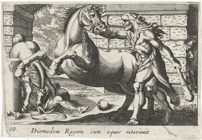 Hercules temt de paarden van Diomedes Król Diomedes z końmi (tytuł na obiekcie) Herculische tematu (tytuł serii) autorstwa Simon Frisius
