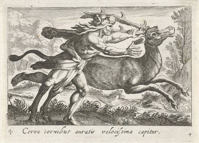 Hercules vangt de Hind van Cerynea Jeleń ze złotymi rogami zostaje złapany bardzo szybko (tytuł na obiekcie) Herculische tematu (tytuł serii) autorstwa Simon Frisius