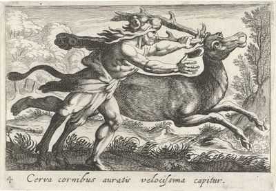 Hercules vangt de Hind van Cerynea Jeleń ze złotymi rogami zostaje złapany bardzo szybko (tytuł na obiekcie) Herculische tematu (tytuł serii) autorstwa Simon Frisius