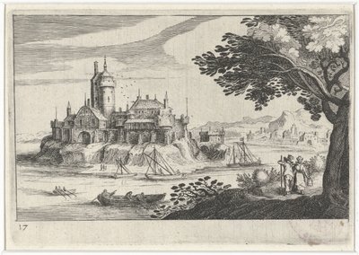 Pagórkowaty krajobraz z zamkiem na wyspie Krajobrazy Europy Południowej (tytuł serii) Topographia variarum regionum (tytuł serii) autorstwa Simon Frisius