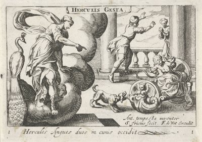 Jonge Hercules wurgt twee slangen Herkules zabija dwa węże w ich kołyskach (tytuł na obiekcie) Herculische tematu (tytuł serii) Herkules (tytuł serii na obiekcie) autorstwa Simon Frisius