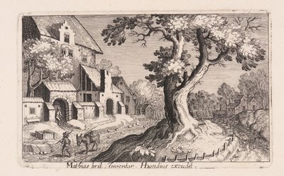 Mężczyzna z osłem idący przez wioskę, z Topographia Variarum Regionum autorstwa Simon Frisius