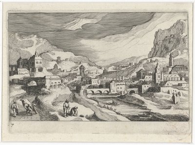 Pejzaż miejski w dolinie rzeki Krajobrazy Europy Południowej (tytuł serii) Topographia variarum regionum (tytuł serii) autorstwa Simon Frisius