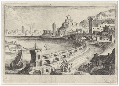 Pejzaż miejski z akweduktem Krajobrazy Europy Południowej (tytuł serii) Topographia variarum regionum (tytuł serii) autorstwa Simon Frisius