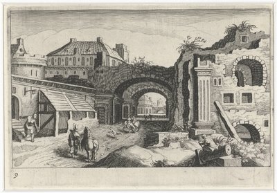 Pejzaż miejski z ruiną Krajobrazy Europy Południowej (tytuł serii) Topographia variarum regionum (tytuł serii) autorstwa Simon Frisius