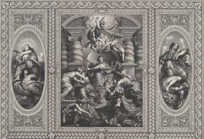 Jakub I mianuje Karola królem Szkocji w centrum, Minerwa przebija ignorancję w ri..., 1720. autorstwa Simon Gribelin