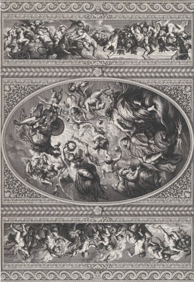 Apoteoza Jakuba I w owalu pośrodku, fryzy z puttami i girlandami na obu ..., 1720. autorstwa Simon Gribelin