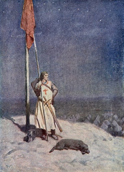 Rycerz stoi na warcie na Górze św. Jerzego ze sztandarem Anglii, ilustracja z 