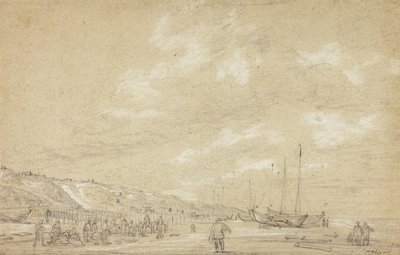 Rybacy suszą sieci na plaży Scheveningen autorstwa Simon Jacobsz. Vlieger
