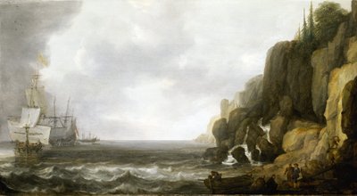 Zaopatrując eskadrę holenderskich okrętów wojennych zakotwiczonych u skalistego wybrzeża, kilku marynarzy grupuje się na plaży autorstwa Simon Jacobsz. Vlieger