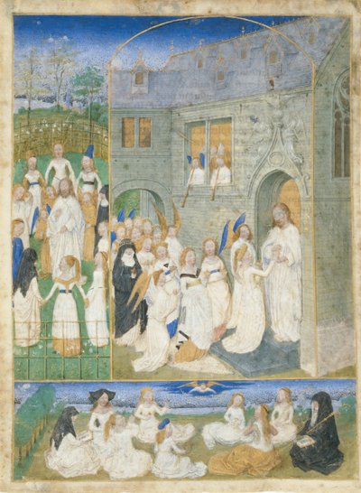Święte Dziewice Powitane przez Chrystusa, gdy wkraczają do bram raju, ca. 1467-70. autorstwa Simon Marmion