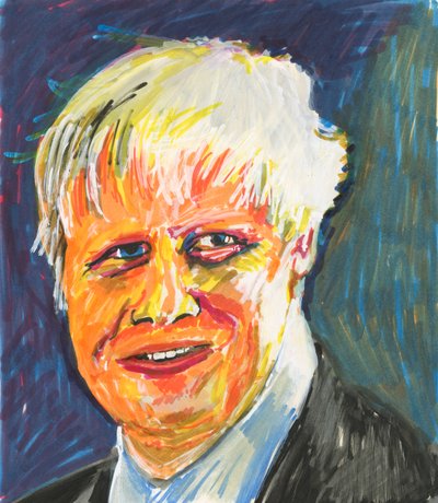 Boris Johnson, 2019 (tusz i farba akrylowa na papierze) autorstwa Simon Neville