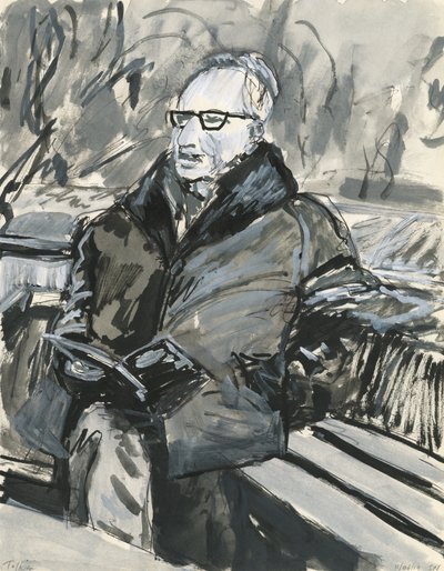 Mężczyzna czytający książkę, 2019 (tusz i farba akrylowa na papierze) autorstwa Simon Neville