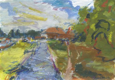 Pavenment i skrót do domów, 2024 (akryl, akwarela, ołówki akwarelowe i pastel olejny na papierze) autorstwa Simon Neville