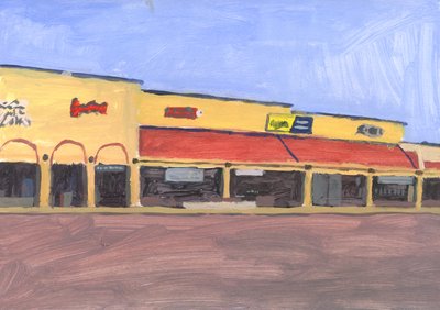 Strip mall 7, 2023 (akryl na papierze) autorstwa Simon Neville